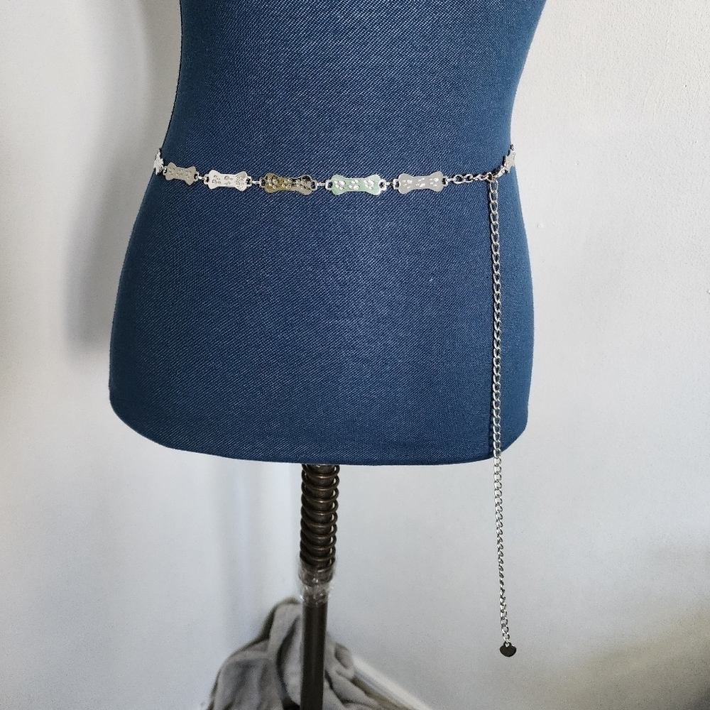 Silver Chain Fashion Belt Dog Bone Paw Print
